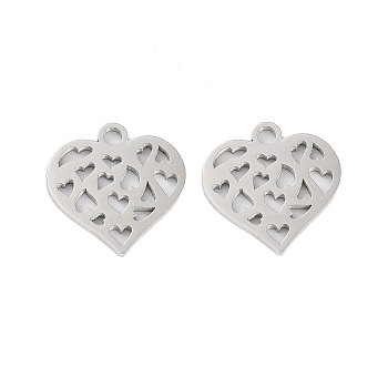 316 Stainless Steel Charms, Heart Charm, Laser Cut, Stainless Steel Color, 13x13x1mm, Hole: 1.5mm