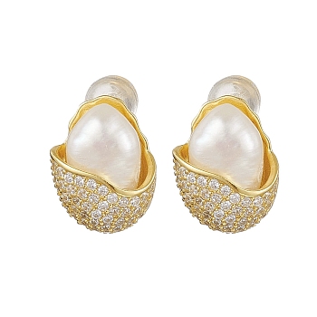 Natural Pearl Ear Studs, with Sterling Silver Micro Pave Clear Cubic Zirconia Findings, Oval, Real 18K Gold Plated, 14x11mm