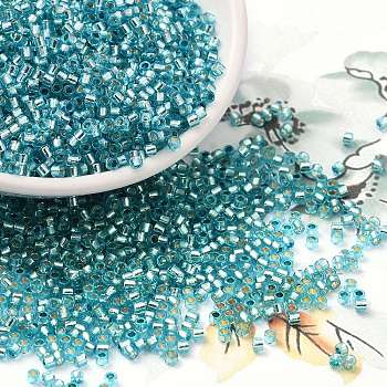 Glass Seed Beads, Silver Lined, Cylinder, Medium Turquoise, 2x1.5mm, Hole: 1.4mm, about 5599pcs/50g
