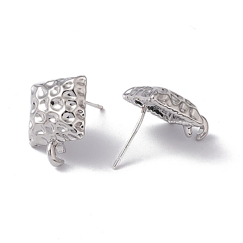 Rack Plating Alloy Stud Earring Findings, with 925 Sterling Silver Pins and Vertical Loops, Cadmium Free & Lead Free, Hammered Rectangle, Platinum, 15.5x11x4mm, Hole: 2mm, Pin: 0.6mm