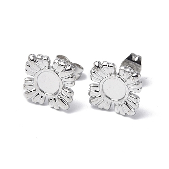 304 Stainless Steel Stud Earring Findings, Flower with Round Tray Earring Settings, with Ear Nuts, Stainless Steel Color, Tray: 5mm, 11x11mm, Pin: 0.7mm