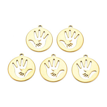 Ion Plating(IP) 201 Stainless Steel Pendants, Flat Round with Palm, Nickel Free, Real 18K Gold Plated, 24.5x21.5x1.5mm, Hole: 2mm
