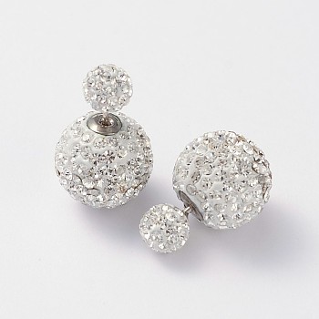 Double Austrian Crystal Ball Ear Studs, with 925 Sterling Silver Pins and Brass Findings, 001_Crystal, 6~12mm, Pin: 0.7mm