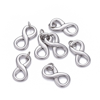 Non-Tarnish 304 Stainless Steel Charms, with Jump Ring, Infinity, Stainless Steel Color, 20.5x10.5x2mm, Hole: 4mm