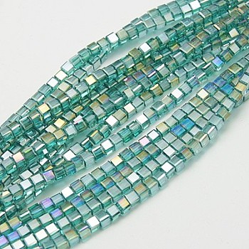 Electroplate Glass Beads Strands, AB Color Plated, Faceted, Cube, Turquoise, 4~5x4~5x4~5mm, Hole: 1mm, 98~100pcs/strand, 40~43cm