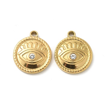 304 Stainless Steel Pendants, with Rhinestone, Golden, Eye Charm, Flat Round, 18x15.5x3.5mm, Hole: 1.8mm