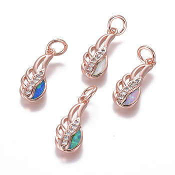 Brass Cubic Zirconia Pendants, with Synthetic Opal, Wing, Rose Gold, Mixed Color, 18.5x8x2.5mm, Hole: 4mm