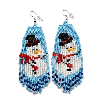 Boho Seed Bead Christmas Snowman Tassel Earrings, Iron Dangle Earring for Women, Light Sky Blue, 105x35mm
