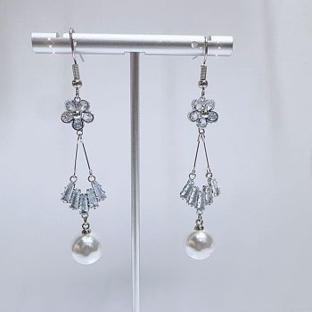 Exaggerated Clear Cubic Zirconia Tassel Dangle Earrings, Fashionable Sparkling, Flower, Silver, 75mm