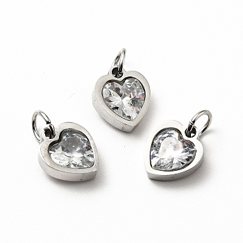 304 Stainless Steel Pendants, with Cubic Zirconia and Jump Rings, Single Stone Charms, Heart, Stainless Steel Color, Clear, 9x8x3mm, Hole: 3.6mm