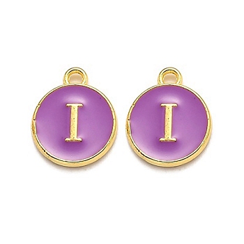 Golden Plated Alloy Enamel Charms, Enamelled Sequins, Flat Round with Alphabet, Letter.I, Purple, 14x12x2mm, Hole: 1.5mm