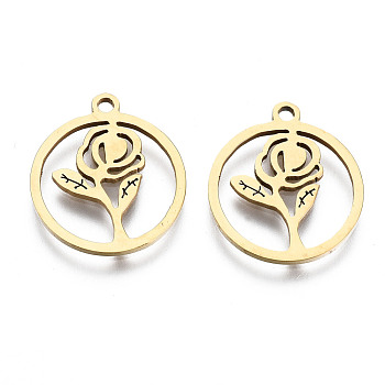 Valentine's Day 201 Stainless Steel Pendants, Laser Cut, Hollow, Ring with Rose, Golden, 17x15x1mm, Hole: 1.4mm