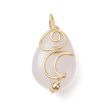Natural Rose Quartz Copper Wire Wrapped Pendants, Teardrop Charms with Moon, Golden, 24x13x7.5~8mm, Hole: 2~2.5mm