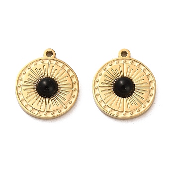 304 Stainless Steel Pave Natural Obsidian Flat Round Charms, Real 14K Gold Plated, 13.5x12x3mm, Hole: 1.2mm