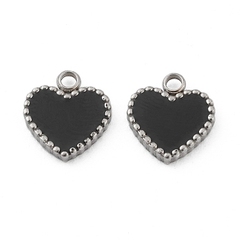 Fashion 304 Stainless Steel Enamel Charms, Heart, Black, Stainless Steel Color, 11x10x2mm, Hole: 1.8mm