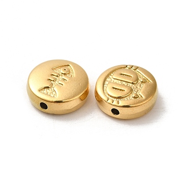 304 Stainless Steel Beads, Flat Round with Cat & Bone Fish, Real 18K Gold Plated, 11x4mm, Hole: 1.5mm