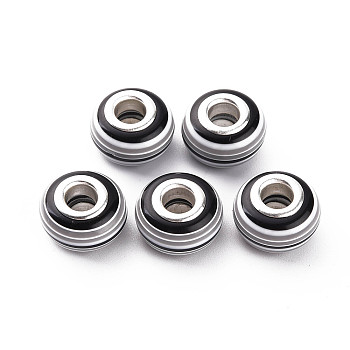Resin European Stripe Beads, Large Hole Beads, with Silver Color Plated Brass Cores, Rondelle, Black, 14x8.5mm, Hole: 5mm