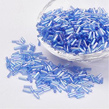 Glass Bugle Beads, Transparent Colours Rainbow, Sky Blue, 5x2mm, Hole: 0.5mm, about 16000pcs/bag