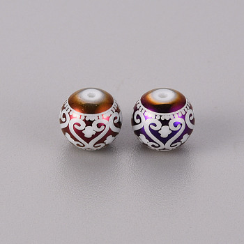 Electroplate Glass Beads, Round with Patten, Purple Plated, 10mm, Hole: 1.2mm