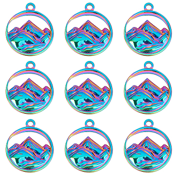 201 Stainless Steel Pendants, Flat Round with Mountain Charm, Rainbow Color, 24x20x3mm, Hole: 1.8mm, 12pcs/box
