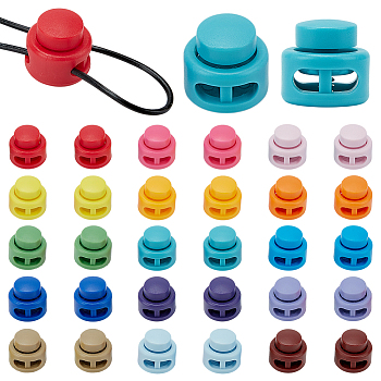 30Pcs 15 Colors Plastic Cord Locks, Flat Round, Mixed Color, 17.5x18.5mm, Hole: 5.5x5mm, 2pcs/color
