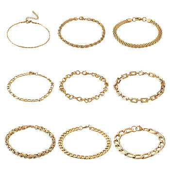 304 Stainless Steel Chain Bracelets, with Lobster Claw Clasps, Mixed Color, 9pcs/set