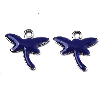 201 Stainless Steel Enamel Charms, Dragonfly, Stainless Steel Color, Midnight Blue, 11.5x12x1.5mm, Hole: 1.2mm