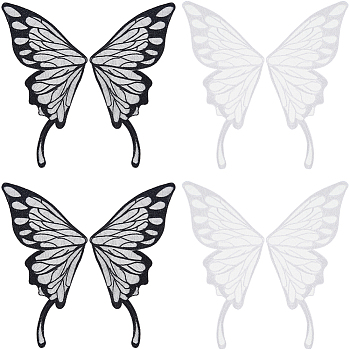 2Pcs 2 Colors Lace Iron on/Sew On Patches, Cloth Appliques, Butterfly, Mixed Color, 520x200x0.5mm, 2pcs/color