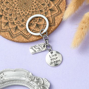 Alloy Keychain, Flat Round & Rectangle with Word, Antique Silver & Platinum, 7.4cm