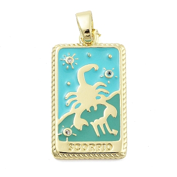 Rack Plating Brass Micro Pave Clear Cubic Zirconia Pendants, with Enamel, Cadmium Free & Lead Free, Real 18K Gold Plated, Rectangle with Constellations Charm, Scorpio, 27x15x2mm, Hole: 3.5x6mm