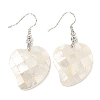 Rack Plating Brass Natural White Shell Dangle Earrings, Platinum, Creamy White, Heart, 48x24mm