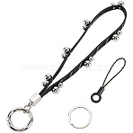1Pc PU Leather Keychains, with Alloy Spring Gate Rings, with 1Pc Platic & Polyester Cell Phone Hang Strap Lanyard, 1Pc Iron Split Key Rings, Platinum, Black, 190x6mm(KEYC-CL0001-65)