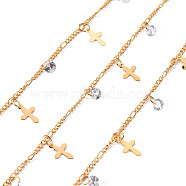Handmade Brass Curb Chains, with Cubic Zirconia charms, Soldered, Spool, Cross, Real 18K Gold Plated, 3.3x1.5x0.3mm and 2x1.4x0.3mm, about 16.4 Feet(5m)/roll(CHC-S012-042)