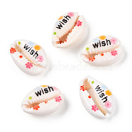 Flower Word Printed Cowrie Shell Beads, No Hole/Undrilled, Colorful, 18.5~22x13~14.5x6~7.5mm(SSHEL-ZX006-09B)