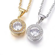 304 Stainless Steel Pendant Necklaces, with Cubic Zirconia, Clear, Flat Round, Mixed Color, 17.71 inch(45cm)(NJEW-L146-01)