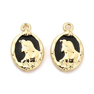 Rack Plating Alloy Black Enamel Pendants, Oval with Girl Charm, Golden, 20x13x3mm, Hole: 1.6mm(PALLOY-Q005-11G)