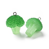 Opaque Resin Vegetables Pendants, Broccoli Charms, with Platinum Tone Iron Loops, Lime Green, 25.5x21x18mm, Hole: 2mm(RESI-H144-01)