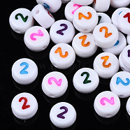 White Opaque Acrylic Beads, Flat Round with Mixed Color Number, Num.2, 7x3.5mm, Hole: 1.2mm, about 3800pcs/500g(MACR-T038-18-2)