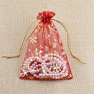 Christmas Printed Organza Drawstring Bags, Hot Stamping Snowflake Pouches, Rectangle, Red, 18x13cm(XMAS-PW0001-233C-01)