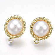 Alloy Stud Earring Findings, with Loop, Steel Pins and ABS Plastic Imitation Pearl, Half Round, Light Gold, 18x15mm, Hole: 1.2mm, Pin: 0.7mm(X-PALLOY-T065-32)