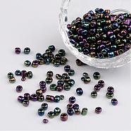 6/0 Electroplated Iris Round Glass Seed Beads, Colorful, 4mm, Hole: 1mm, about 495pcs/50g(X-SEED-A009-4mm-603)