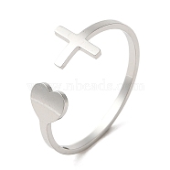 304 Stainless Steel Open Cuff Ring, Heart & Cross, Stainless Steel Color, US Size 8 1/2(18.5mm)(RJEW-Z026-03P)