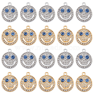 32Pcs 2 Colors Alloy Rhinestone Pendants, Flat Round with Smiling Face Charms, Platinum & Golden, 19.5x16.5x3.5mm, Hole: 1.8mm, 16pcs/color(FIND-DC0003-73)