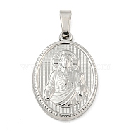 Non-Tarnish 304 Stainless Steel Pendants, Religious Theme Charm, Oval with Saint, Stainless Steel Color, 24x16x2~2.5mm, Hole: 5x3mm(STAS-B071-02A-21P)