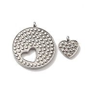 Non-Tarnish 304 Stainless Steel Pendants, Flat Round & Heart Charm, Stainless Steel Color, 28x25x3mm, Hole: 2mm, 2pcs/set(STAS-M311-03P)