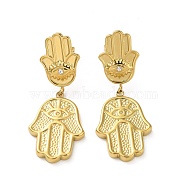 Stainless Steel Shell Rhinestone Pendant Earrings, Hamsa Hand with Evil Eye, Real 18K Gold Plated, 40.5x16mm(EJEW-R160-12G)
