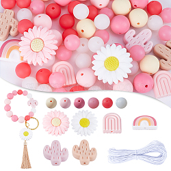 DIY Luminous Stratch Bracelet Making Kit, Including Round & Daisy & Rainbow & Cactus Silicone Beads & Cabochons, Elastic Cord, Pink, 102Pcs/bag(DIY-SC0022-41)