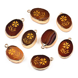 Natural Agate Pendants, with Light Gold Plated Brass Edge & Iorn Loops, Gold Powder, Dyed & Heated, Oval with Flower Charm, Saddle Brown, 23~24x15~16.5x4~6.5mm, Hole: 1.6mm(G-N326-154C)