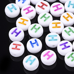 Initial Acrylic Beads, Horizontal Hole, Flat Round, Mixed Color, Letter.H, 7x3.5~4mm, Hole: 1.2mm, about 370pcs/50g(X-OACR-E001-20H)