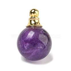 Natural Amethyst Perfume Bottle Pendants, with 304 Stainless Steel Findings, Round, 25x16mm, Hole: 2mm(G-K338-22G-08)